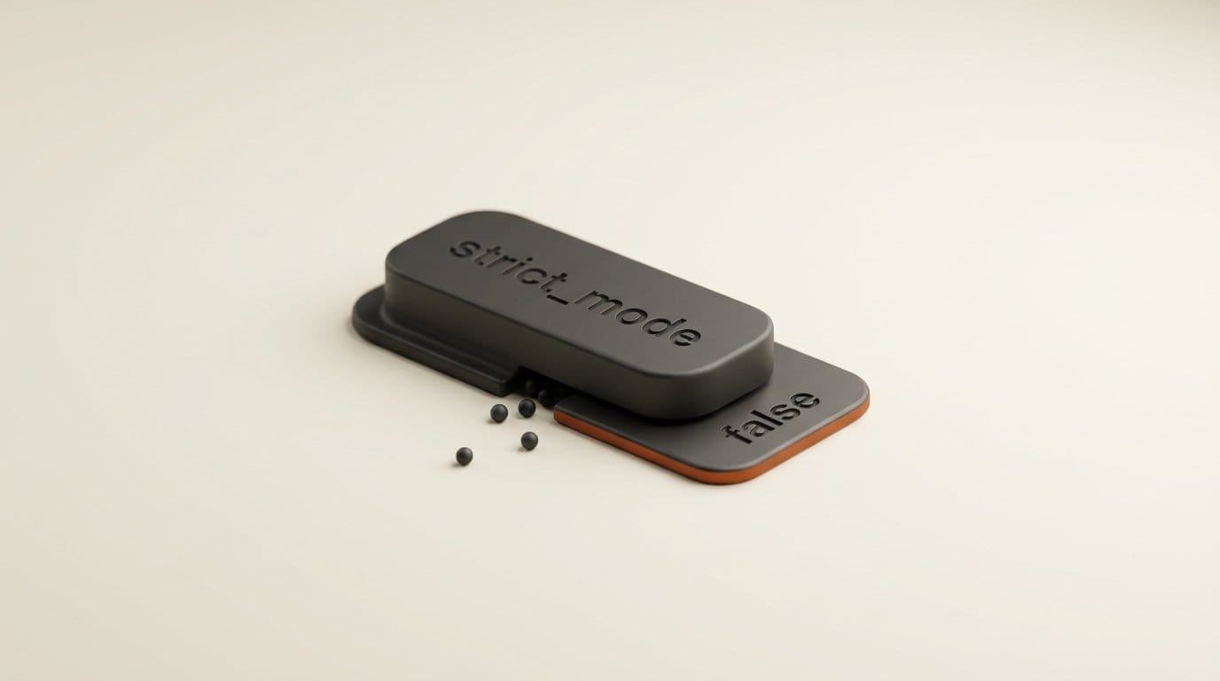 A toggle engraved strict_mode resting on false, with dropped parameters fallen loose beside it