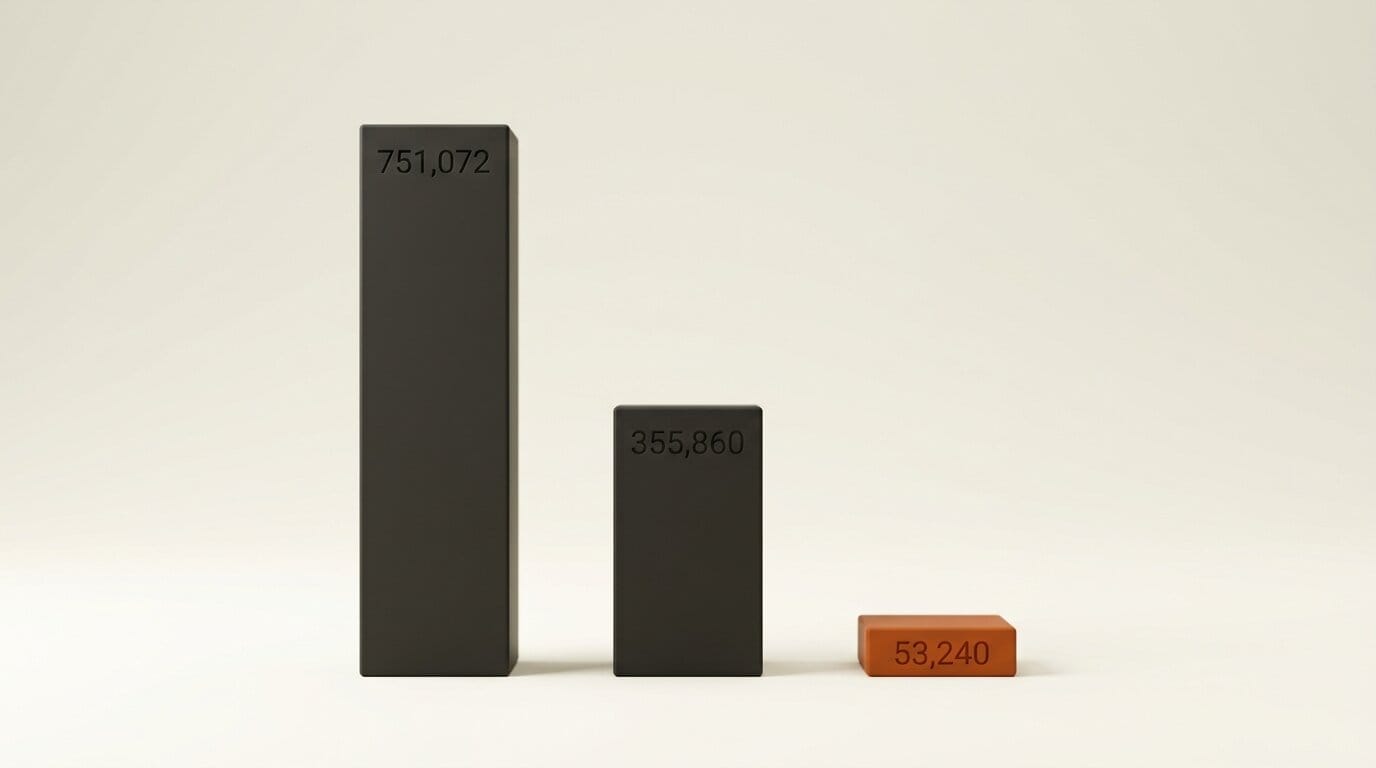 Three charcoal bars engraved 751,072 and 355,860 and 53,240, with the smallest bar highlighted in orange