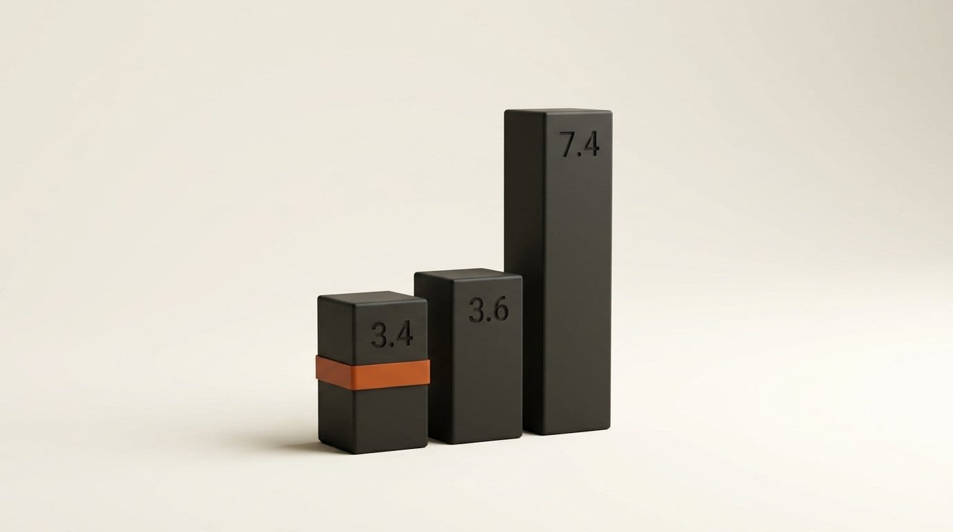 Three matte 3D bars at true relative heights engraved 3.4, 3.6 and 7.4