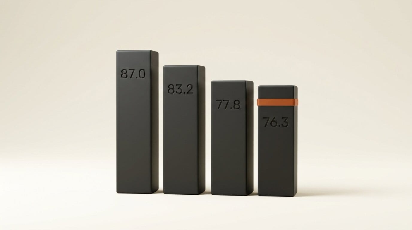 Four bars showing Jev's Banking77 accuracy measured at 87.0, 83.2, 77.8 and 76.3 by four evaluators