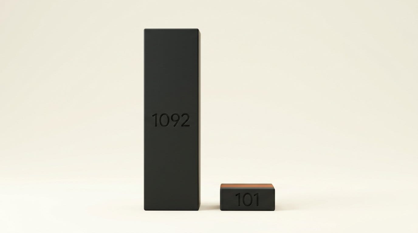 Two 3D bars engraved 1092 and 101 showing median browser protocol calls falling 90.8% in Jev Ultrafast