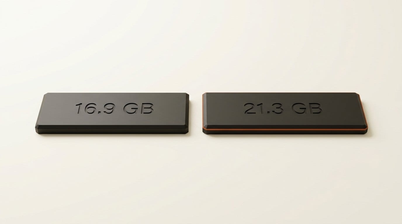 3D slabs comparing 16.9 GB and 21.3 GB Holo4 GGUF weight sizes
