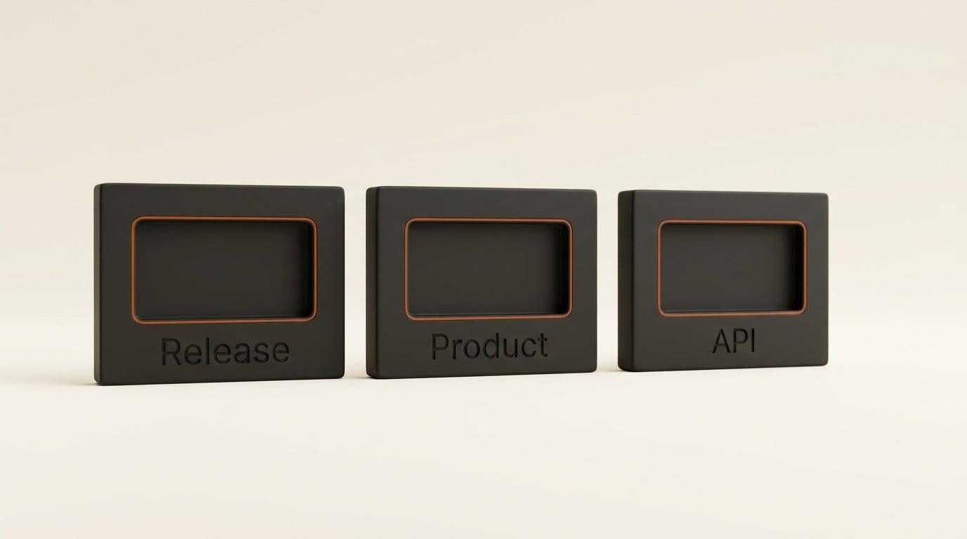 Three 3D plaques labelled Release, Product and API, each with an empty recessed slot where a price would be