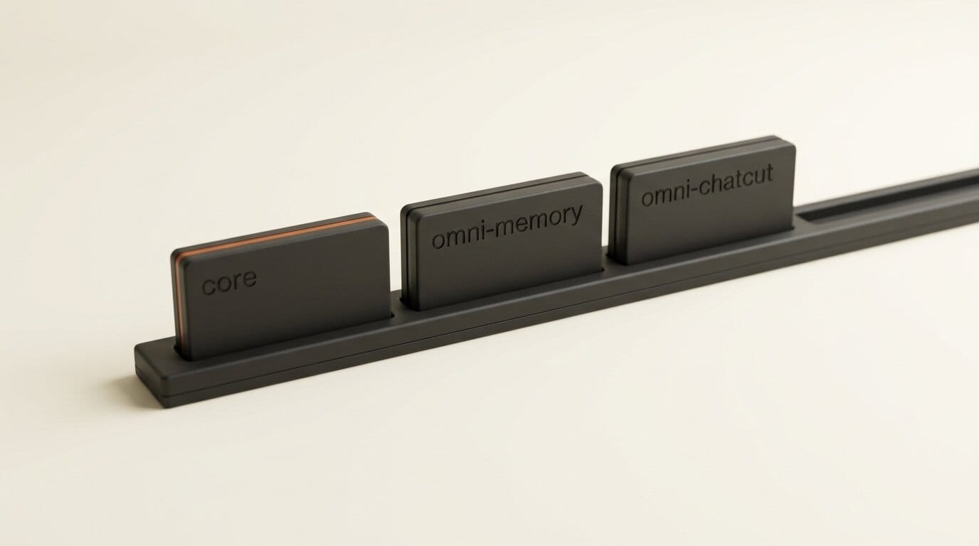 Three charcoal plugin modules engraved core, omni-memory and omni-chatcut slotting into a rail