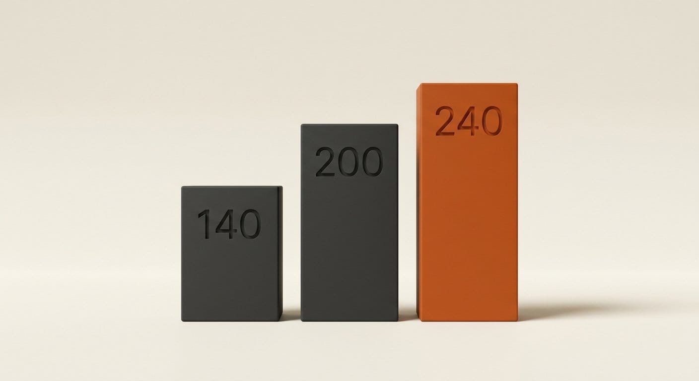 Three bars at relative heights engraved 140, 200 and 240 million output tokens