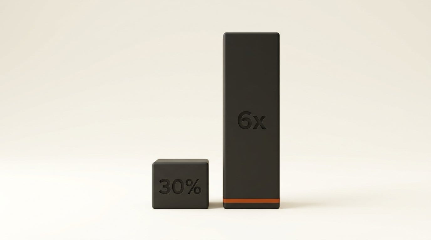 A short bar engraved 30% beside a far taller bar engraved 6x, Cursor's two published merge rate figures