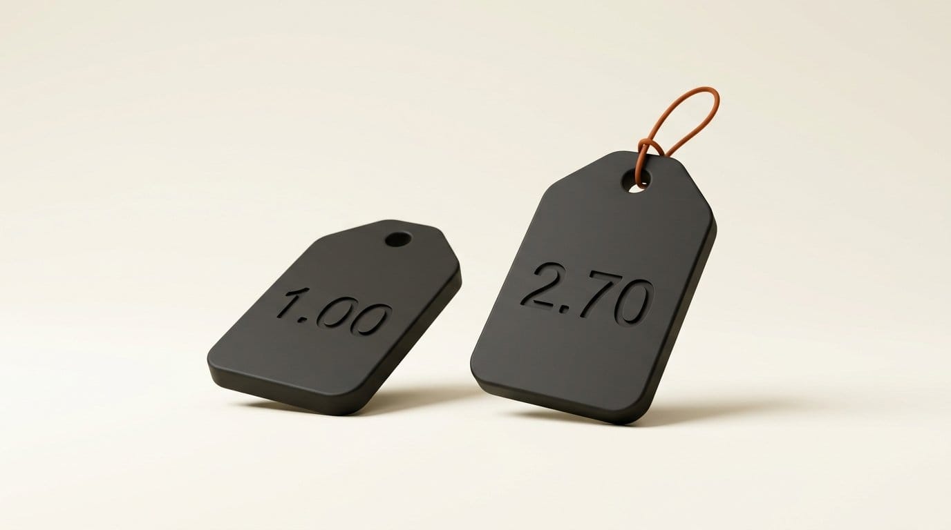 Two matte 3D price tags engraved 1.00 and 2.70, step-5-preview input and output price per million tokens