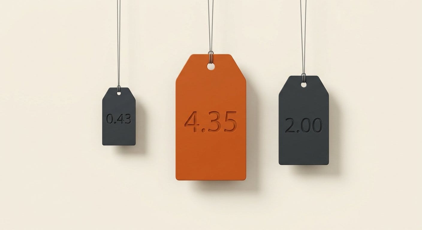 Three price tags engraved 0.43, 4.35 and 2.00 dollars per million input tokens