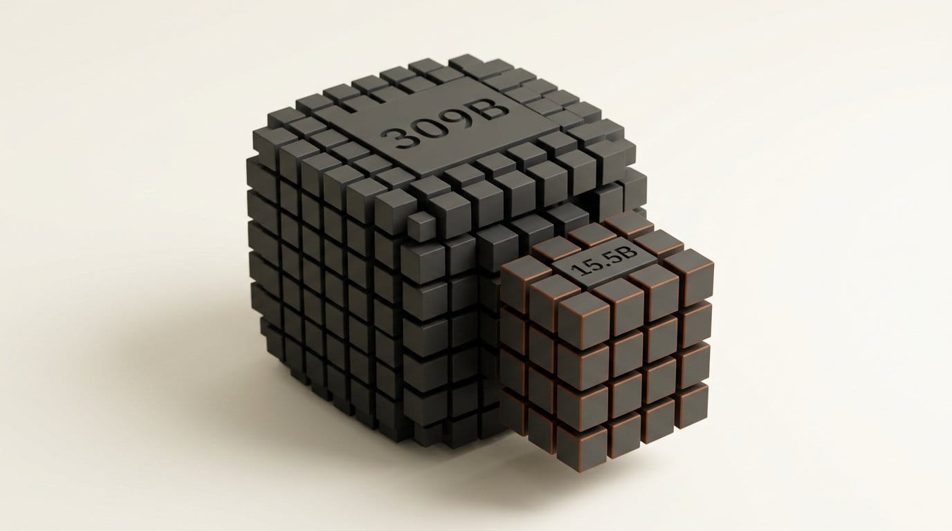 3D render of a 309B parameter block with a 15.5B active subset highlighted