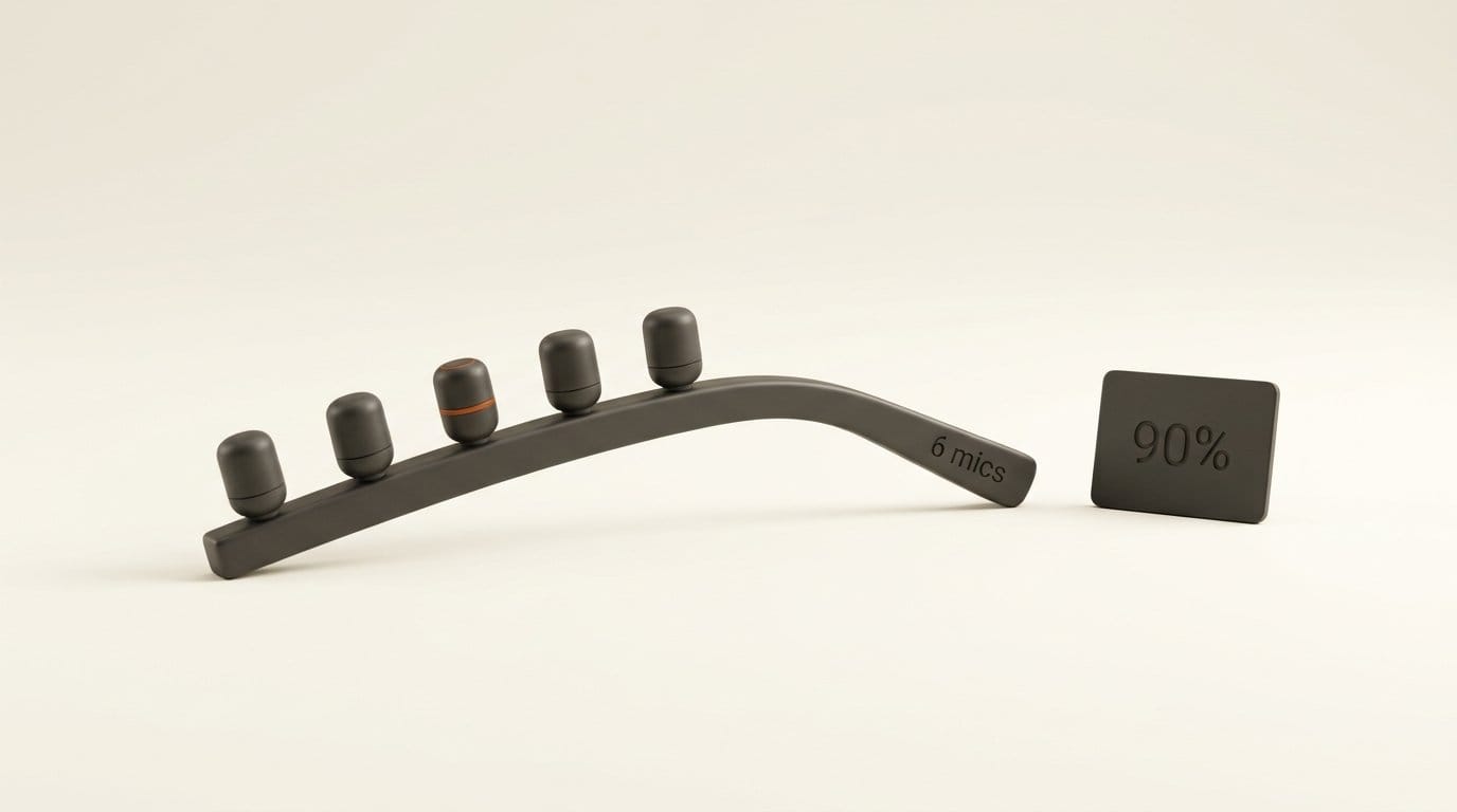 Six 3D microphone capsules along a glasses temple engraved 6 beside a plate reading 90%
