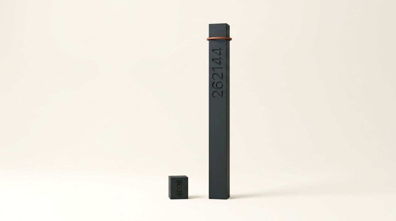 A very tall charcoal column engraved 262144 beside a tiny one engraved 4096