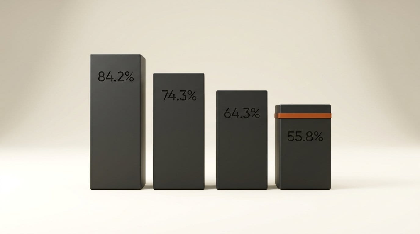 Share of searches where the right photo ranked first, falling from 84.2% at 100 photos to 55.8% at 1,000