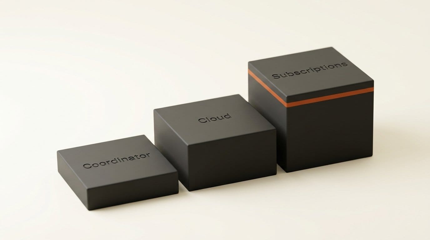 Three ascending platforms labelled Coordinator, Cloud and Subscriptions, the three parts of Cursor Projects