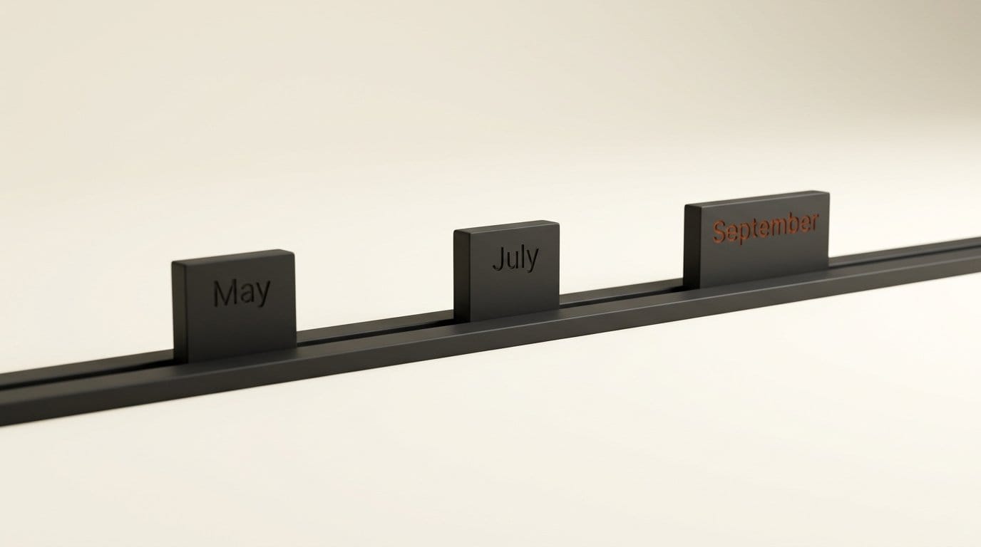 Three markers along a track engraved May, July and September marking three agent data-capture incidents in four months