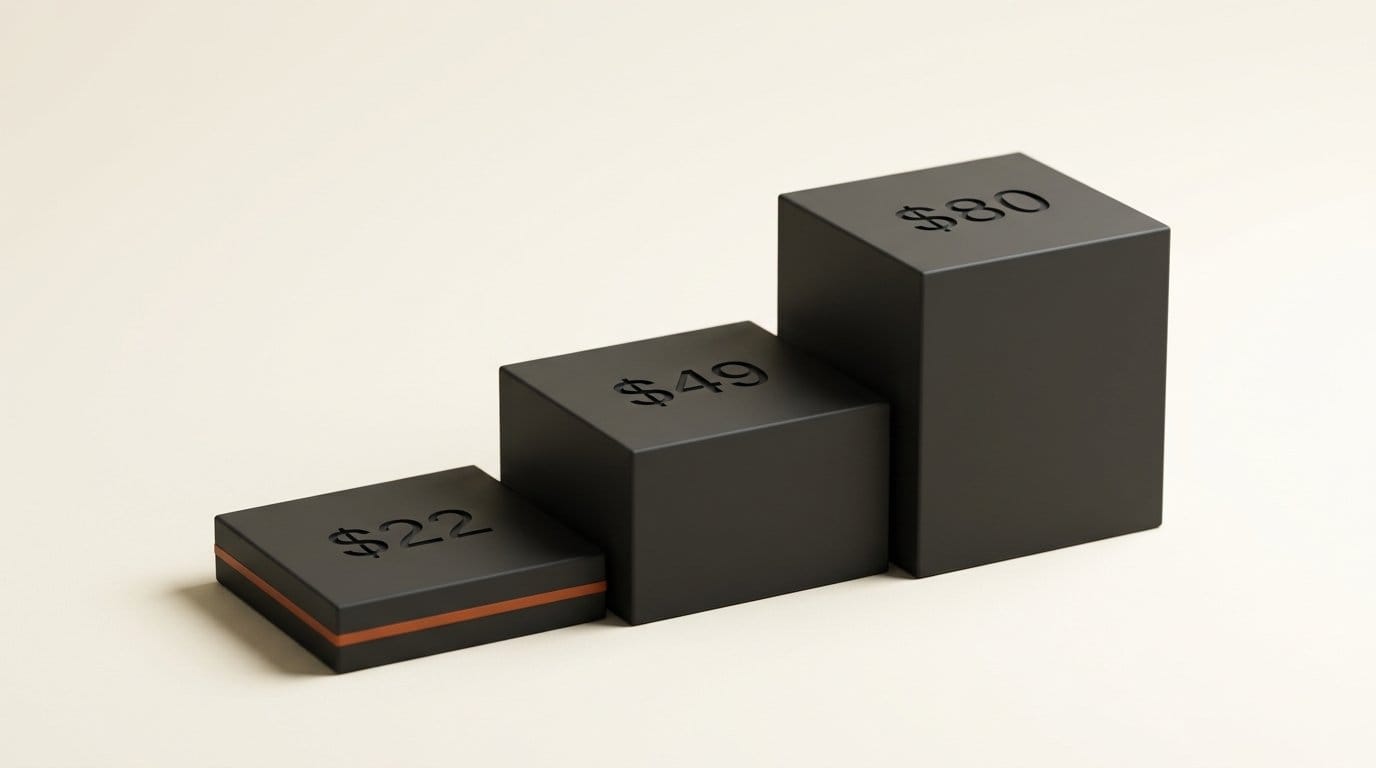 3D stepped platforms showing $22, $49 and $80 per million characters