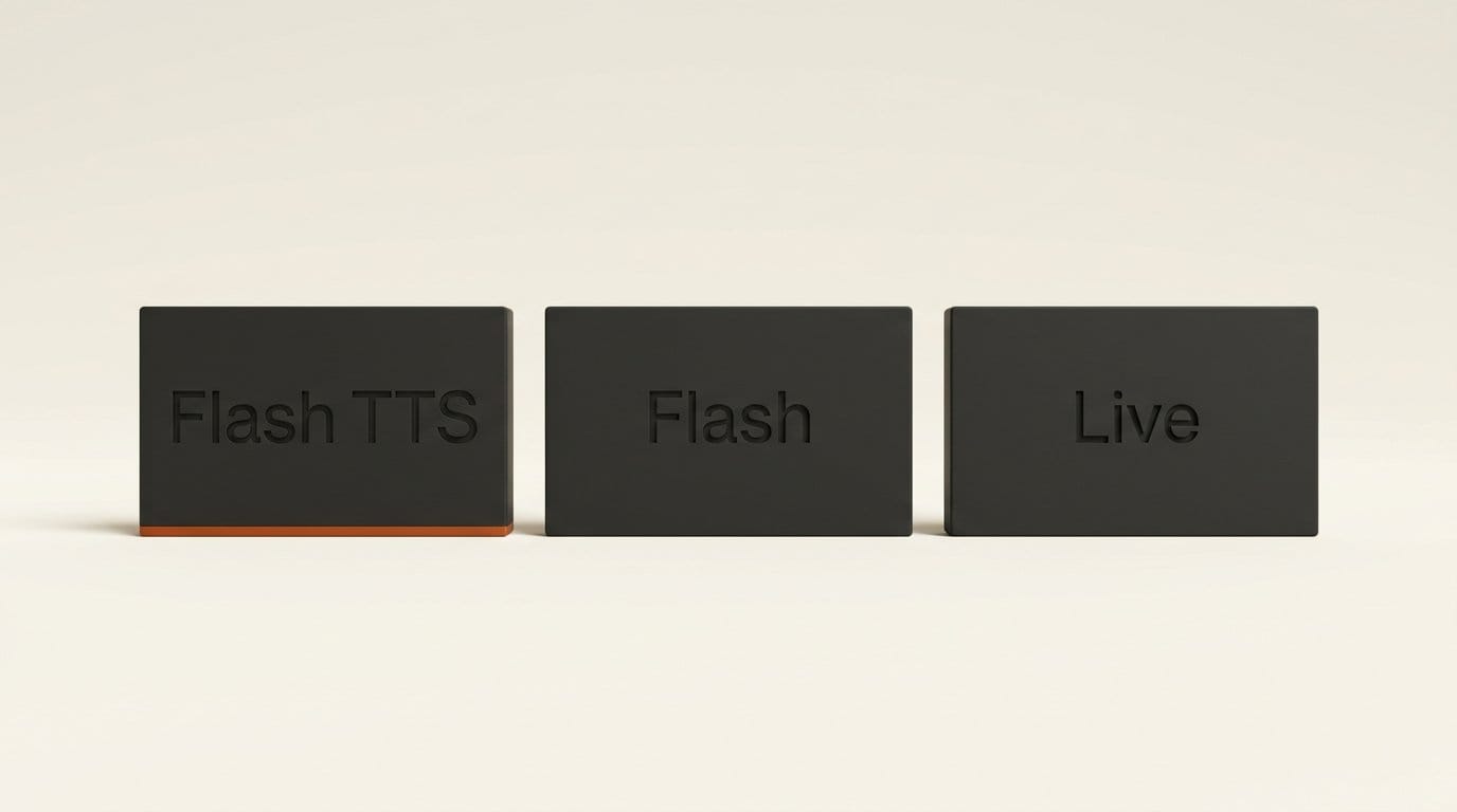 Three charcoal plaques engraved Flash TTS, Flash and Live, three products sharing the Gemini 3.8 version number