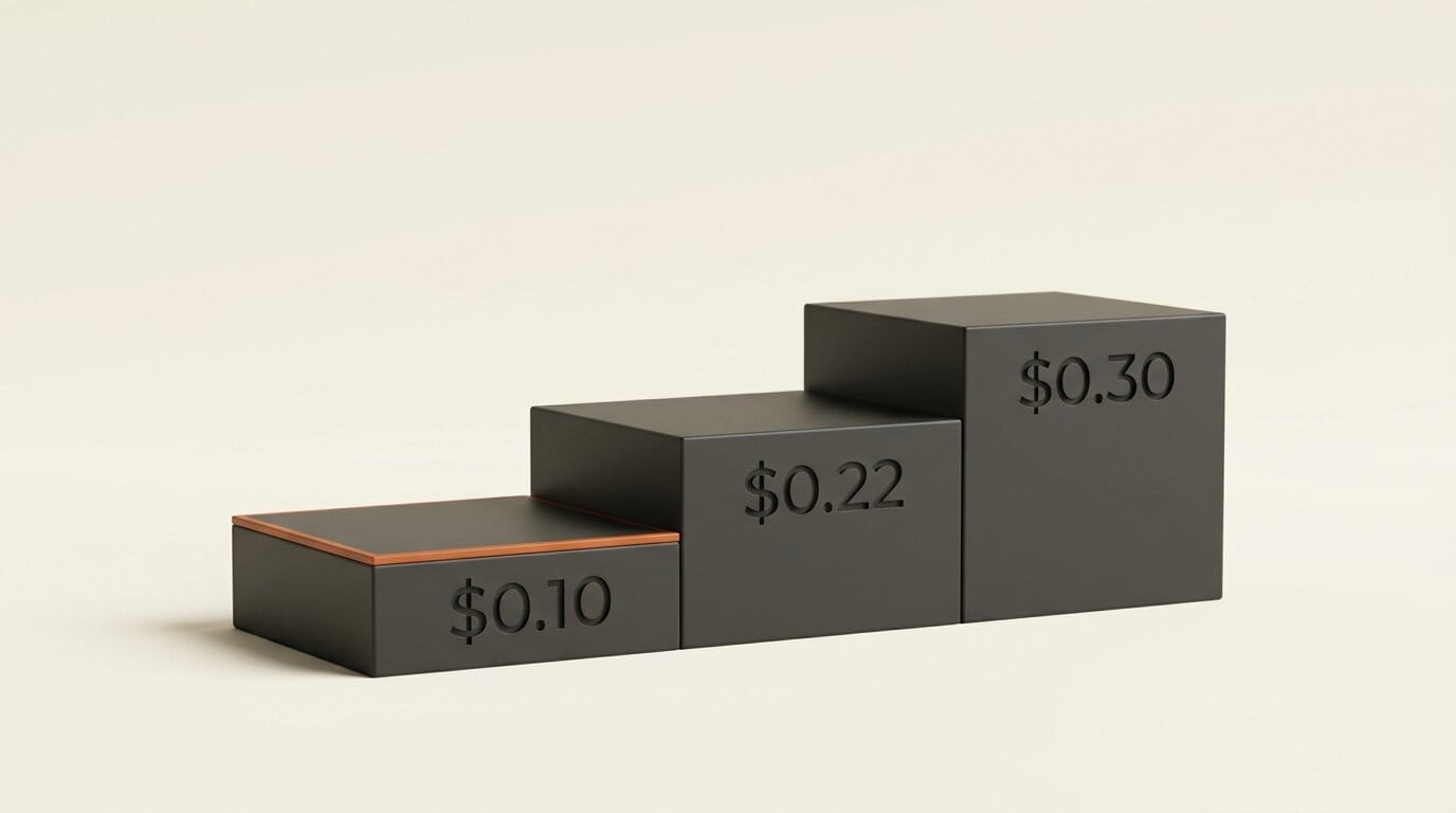 Three stepped platforms engraved with $0.10, $0.22 and $0.30 per hour of audio