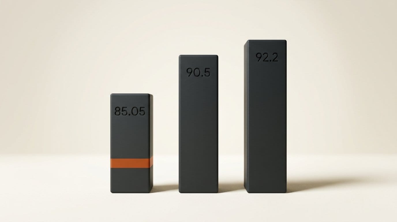Three bars engraved 85.05, 90.5 and 92.2 comparing GPQA Diamond scores