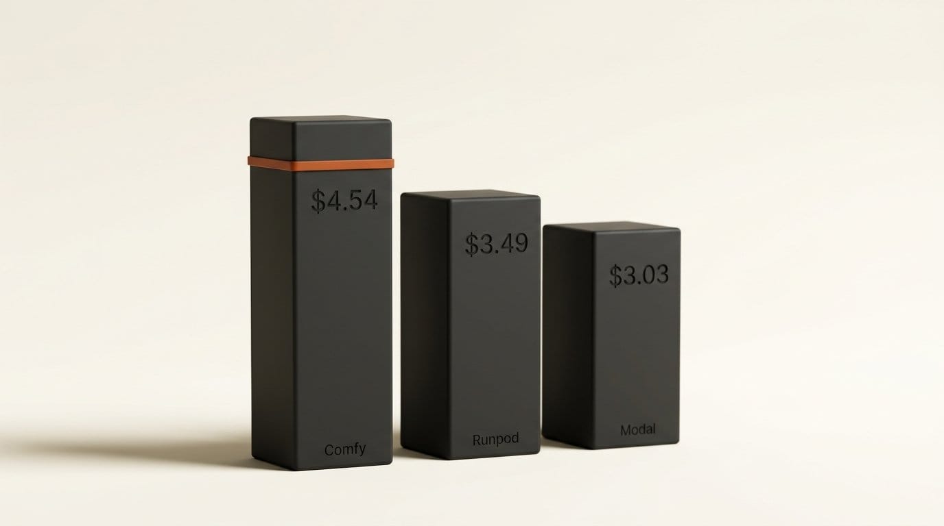 RTX PRO 6000 per-hour price: Comfy API $4.54, Runpod Serverless $3.49, Modal $3.03