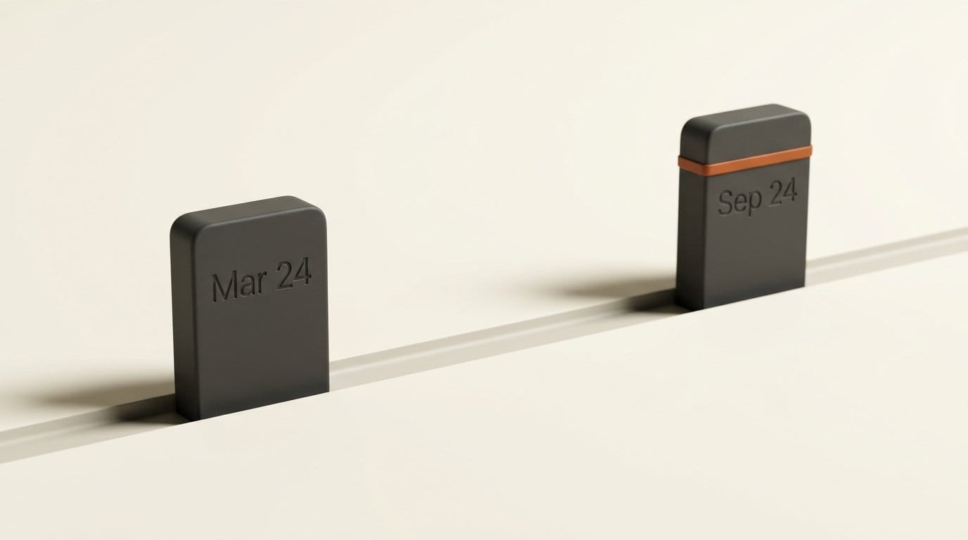 Two 3D markers on a track engraved Mar 24 and Sep 24, the 184-day OpenAI Sora API retirement window