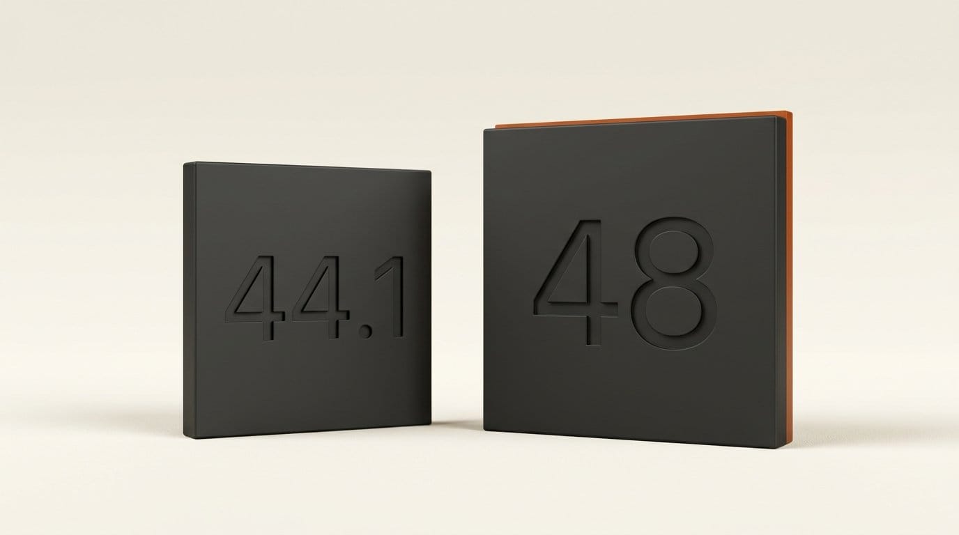 Two matte 3D tiles engraved 44.1 and 48, MMAudio output sample rate and the video timeline rate in kHz