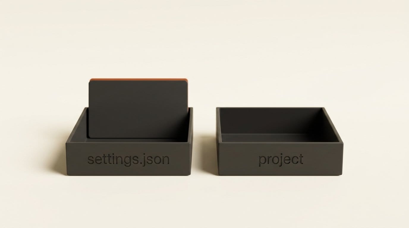 Two matte 3D trays, the one engraved settings.json holding a solid card and the one engraved project standing completely empty