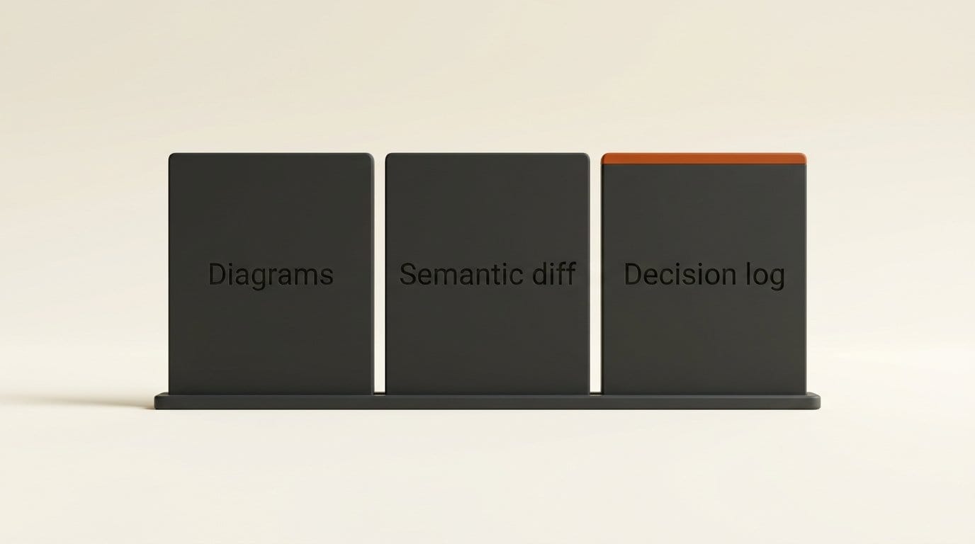 Whiteboard's three core features: diagrams linked to code, a semantic diff and an agent decision log