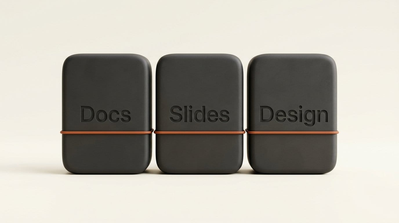 Three blocks engraved Docs, Slides and Design, the three Claude betas