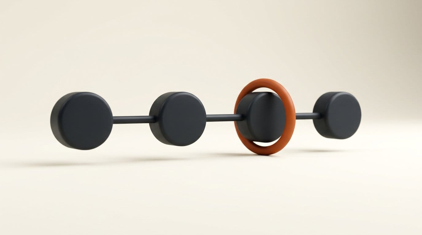 Matte 3D nodes linked in sequence with one ringed in orange, representing detection placed inside the distribution pipeline