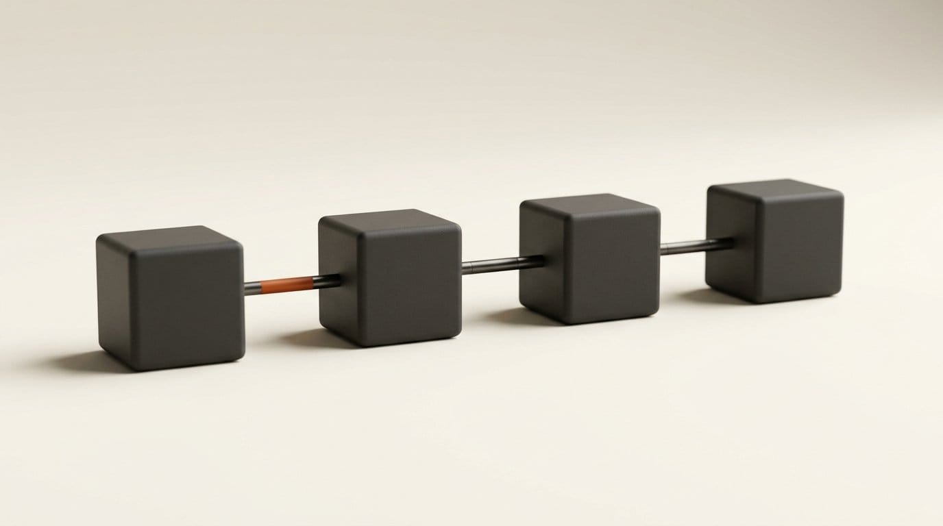 Four linked 3D blocks representing a four-stage on-device audio post-production pipeline