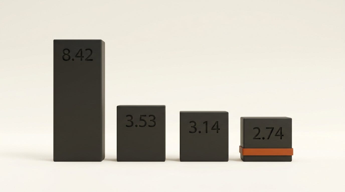 Four 3D slabs sized to GGUF file sizes in gigabytes, from 8.42 down to 2.74