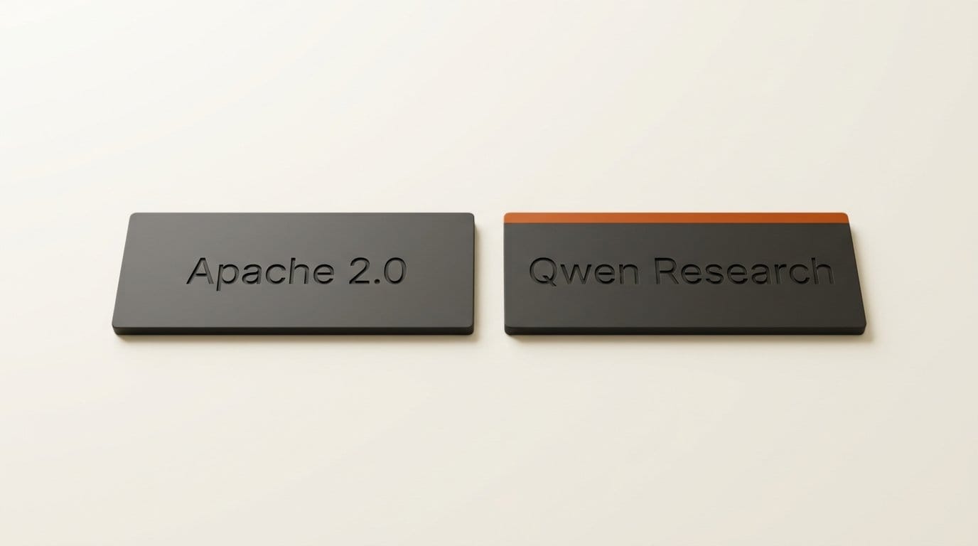 Two charcoal plates engraved Apache 2.0 and Qwen Research, the Qwen Research plate edged in orange