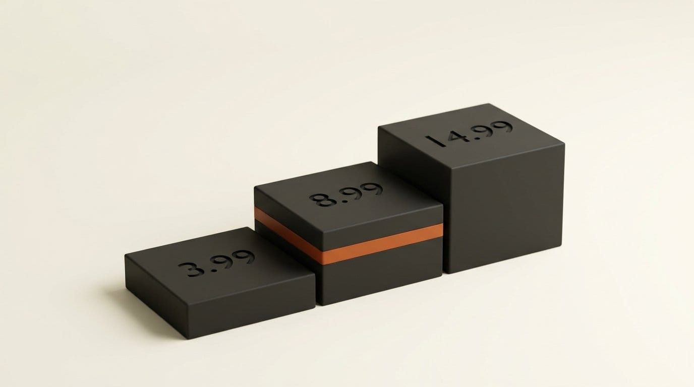 Three stepped platforms engraved 3.99, 8.99 and 14.99 showing Snapchat subscription tiers