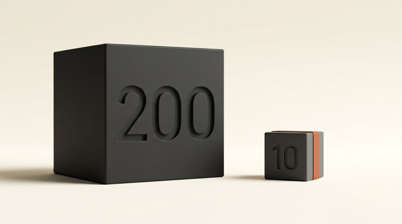 A large block marked 200 beside a small block marked 10, the catalog against the routing matrix