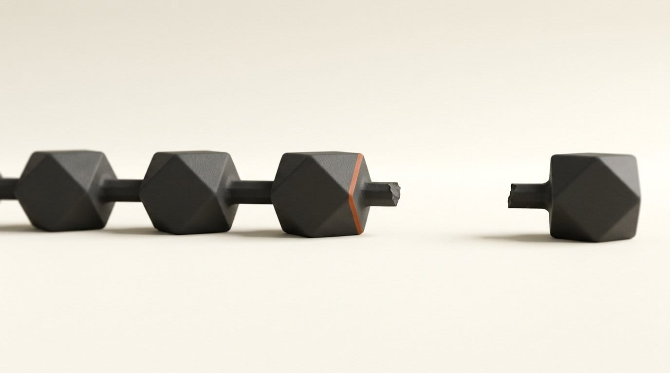 A chain of matte 3D nodes with one missing and the link broken, representing identity collapse without the score