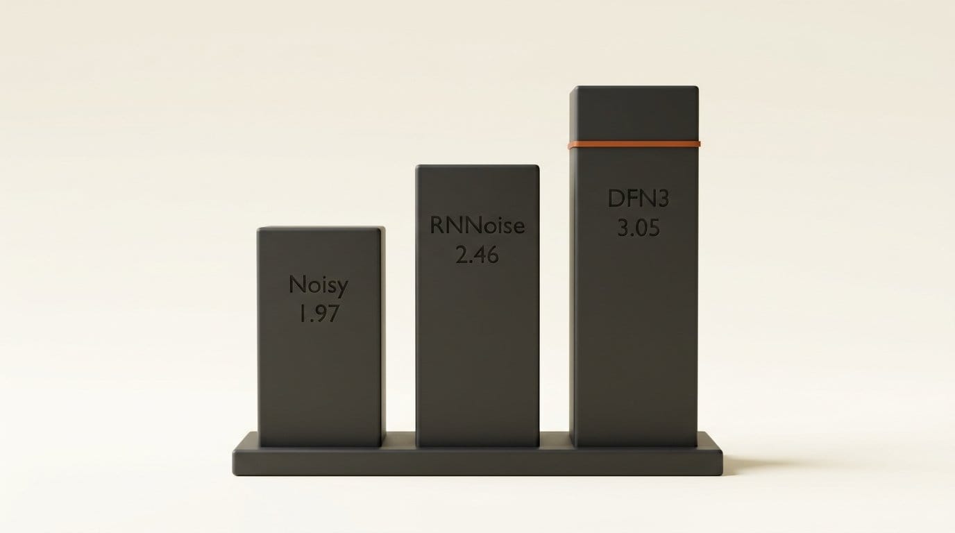 Speech quality on 824 benchmark clips: noisy input 1.97, RNNoise 0.2 2.46, DeepFilterNet3 3.05 PESQ