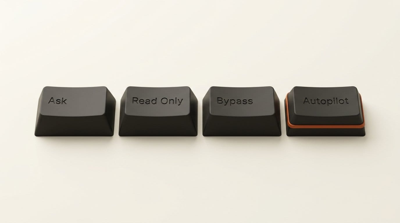 Four matte 3D keycaps engraved Ask, Read Only, Bypass and Autopilot, the Step Code permission modes