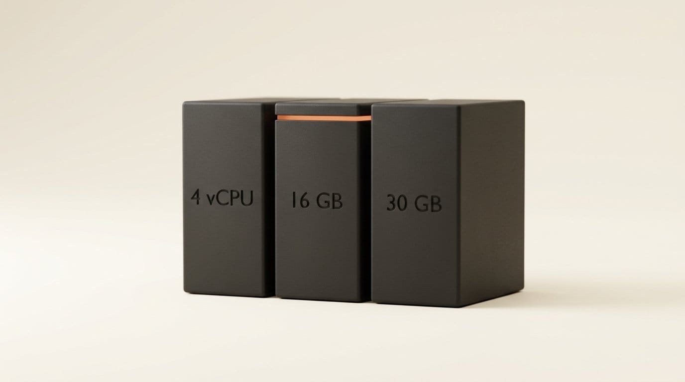 3D render of three server blocks engraved 4 vCPU, 16 GB and 30 GB, the Claude Code cloud session VM