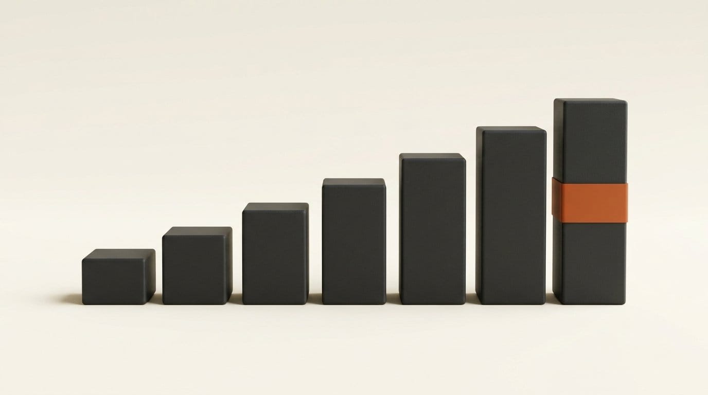 Ascending matte 3D bars with an orange band on the tallest, representing a narrow benchmark lead