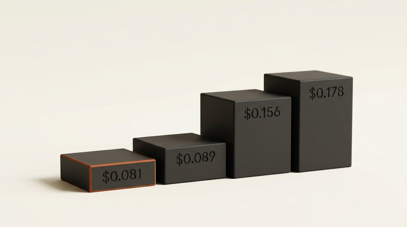 3D stepped platforms showing per-task costs of $0.081, $0.089, $0.156 and $0.178