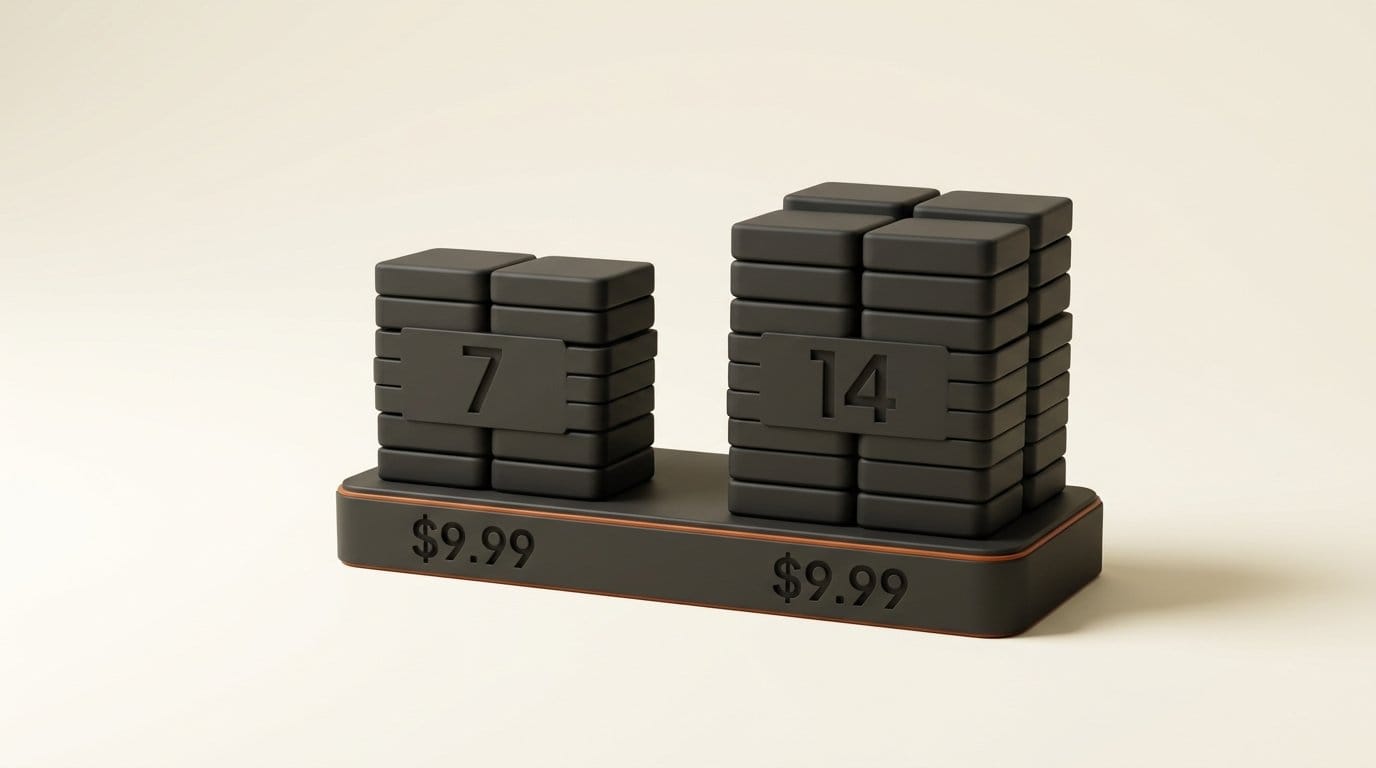 Two 3D stacks of 7 and 14 units on one plinth engraved $9.99 showing the catalogue doubled at a flat price