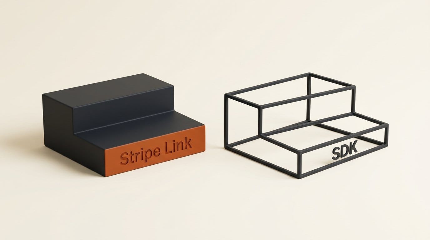 A solid block engraved Stripe Link beside an empty hollow outline engraved SDK