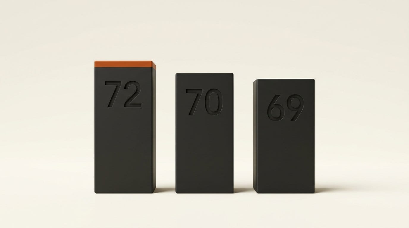 Three matte 3D blocks engraved 72, 70 and 69, tasks passed out of 89 on Terminal-Bench 2.1