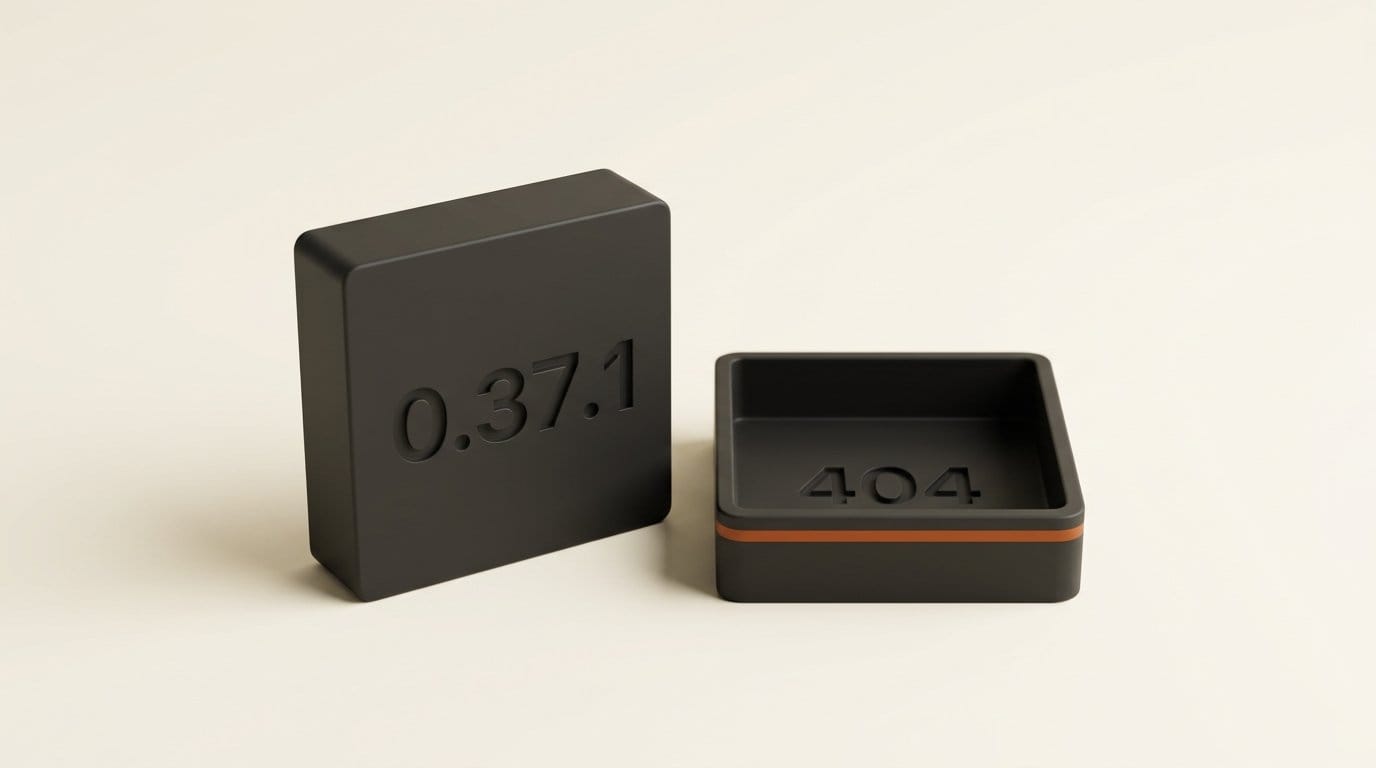 A charcoal tag engraved 0.37.1 beside an empty recessed tray engraved 404
