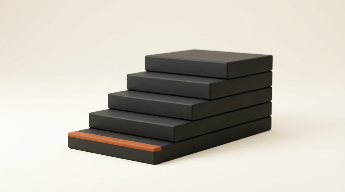 Abstract 3D render of five ascending stepped platforms representing API usage tiers