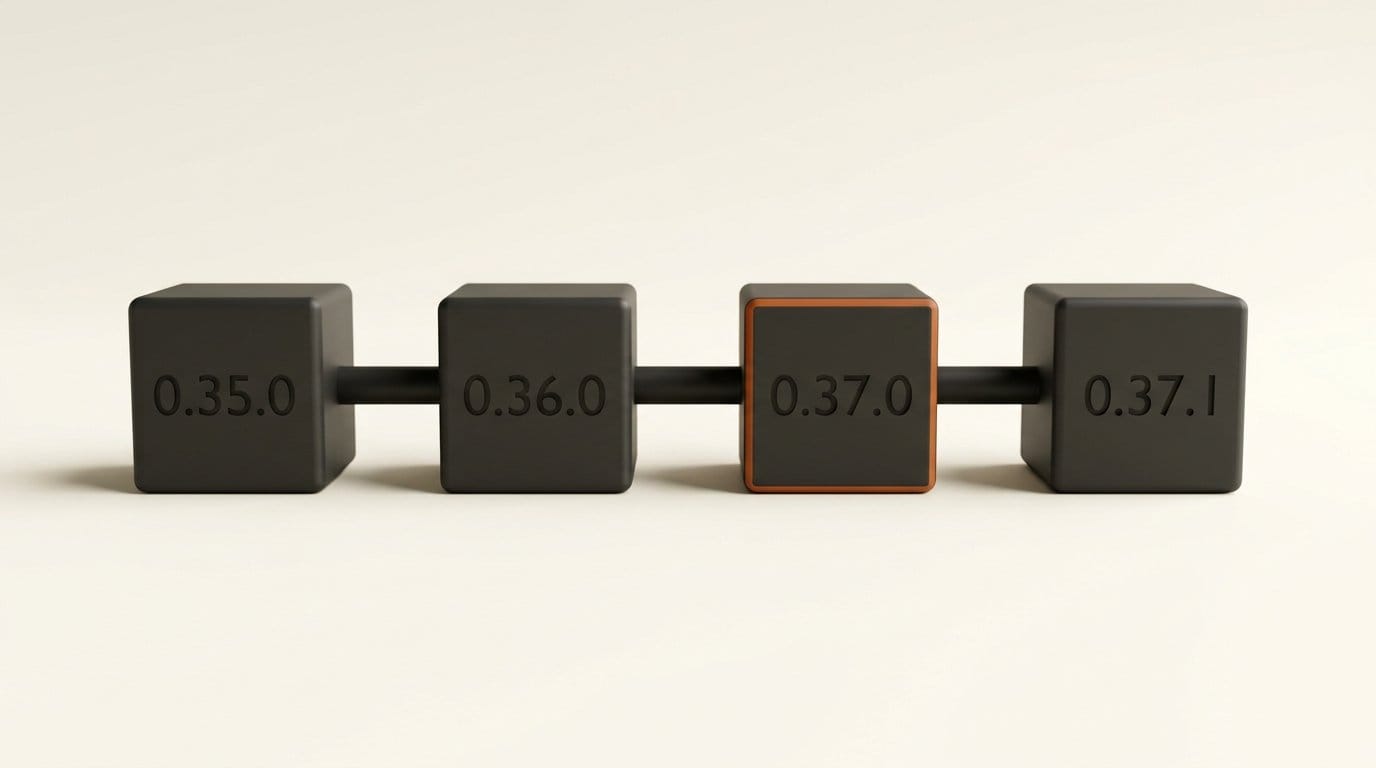 Four linked charcoal cubes engraved 0.35.0, 0.36.0, 0.37.0 and 0.37.1, the third highlighted orange