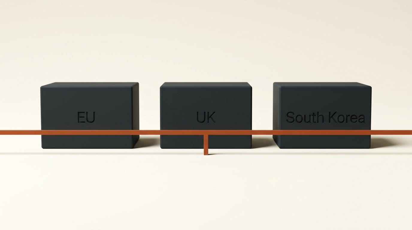 Three matte 3D blocks engraved EU, UK and South Korea, where the HunyuanVideo-Foley licence does not apply