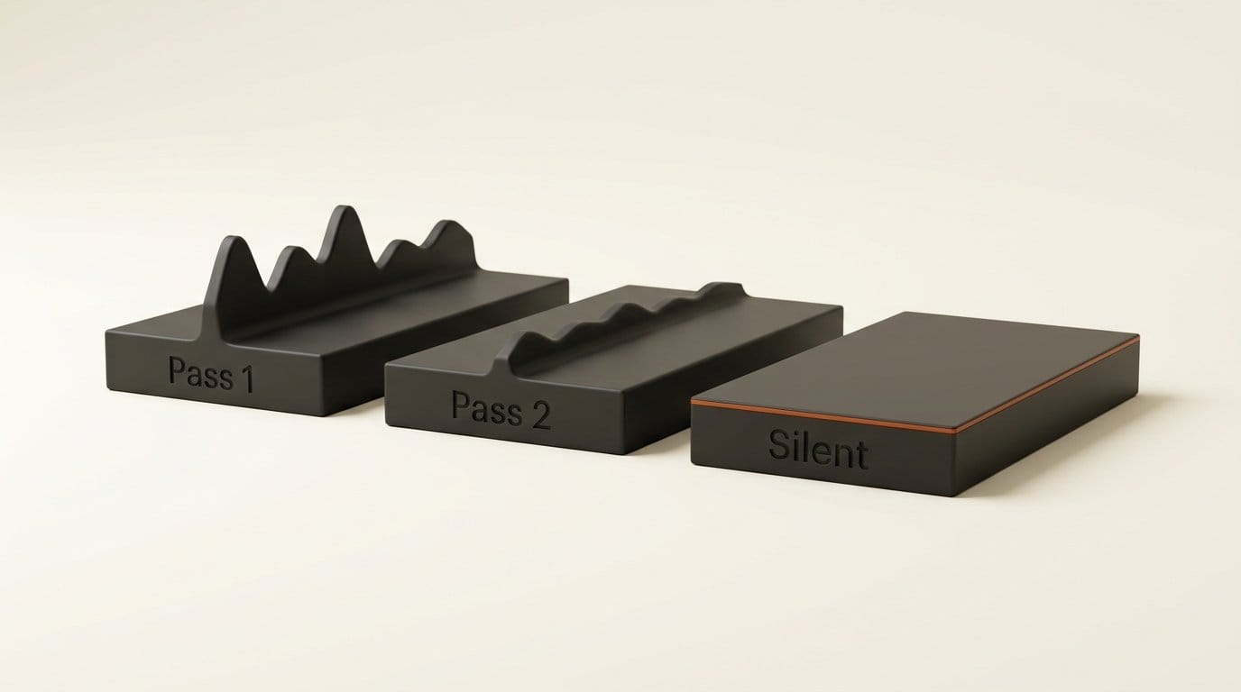 Two AI enhancement passes in series flatten a waveform into silence