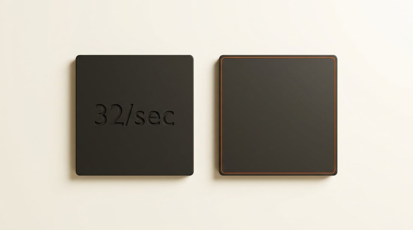 Charcoal plate engraved 32/sec beside a deliberately blank plate, the unpublished audio output token rate