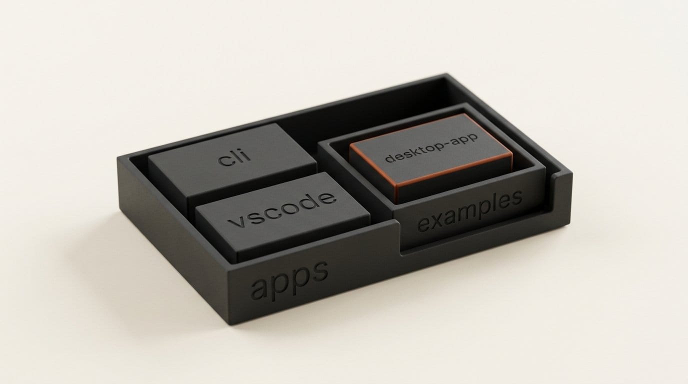 3D nested trays showing cli and vscode in apps while desktop-app sits inside an examples tray